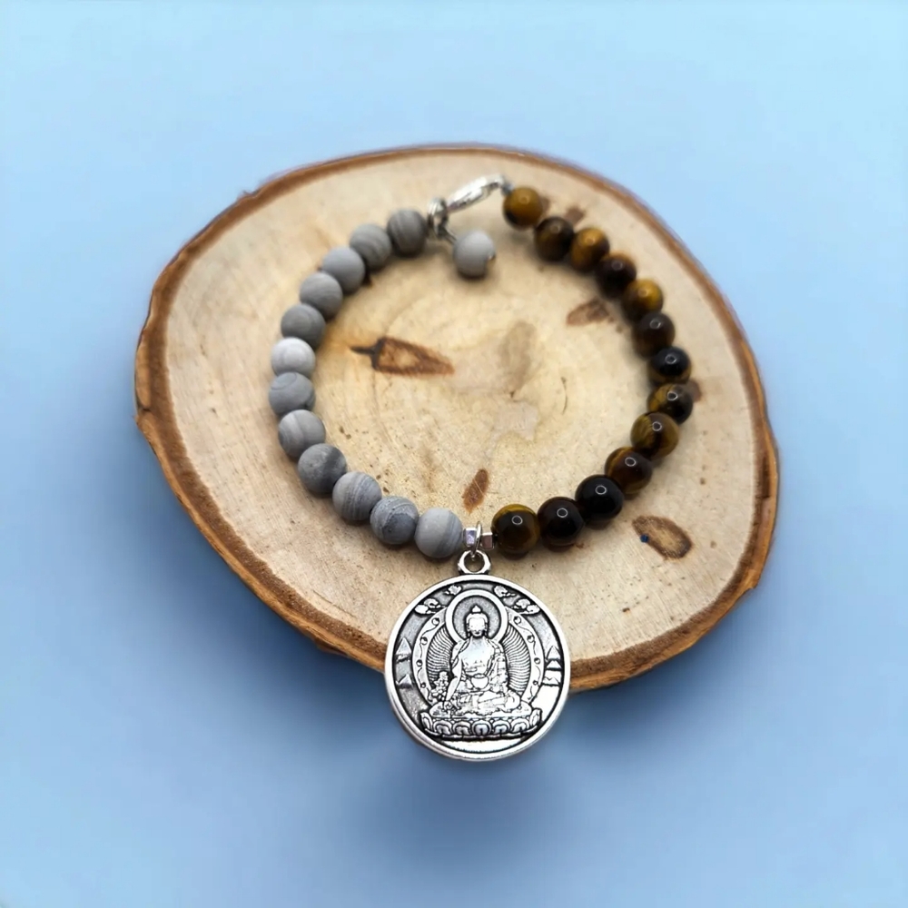 Tiger Eye, Grey Jasper Buddha medicine bracelet